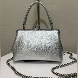 Silver Pebble Leather Handmade Kisslock Boxy Bag/Crossbody, Multi Use Style
